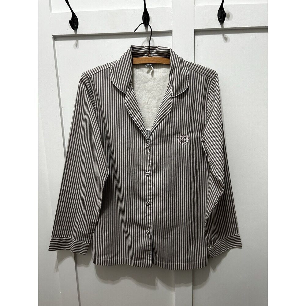 IZOD Sz M Blue Striped Button-Up‎ Pajama Sleep Shirt Nightgown gray and white